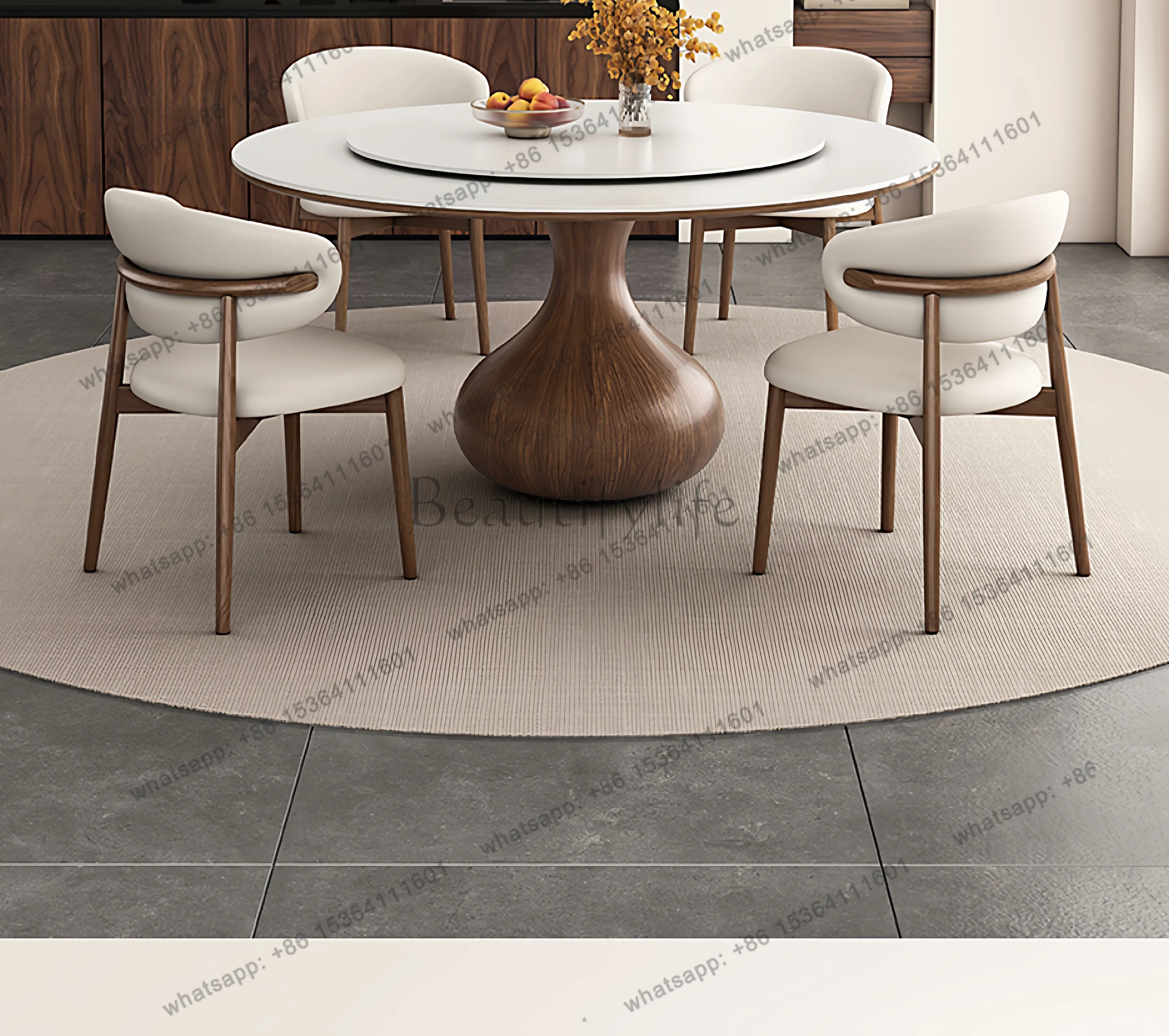 Light luxury rock slab dining table with turntable round table modern simple household blue and white porcelain base