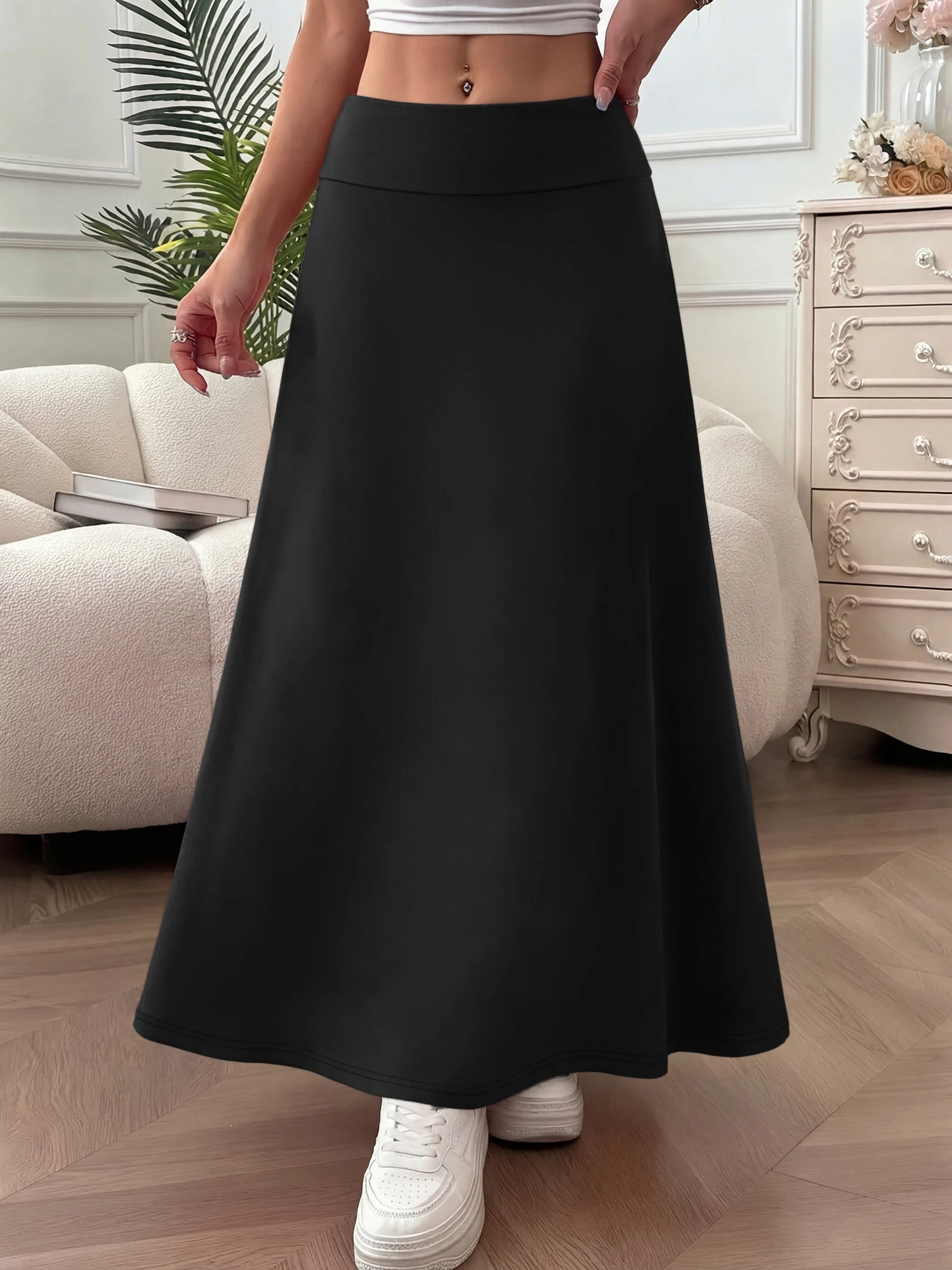 Ladies Solid Knit A‑Line Long Maxi Skirt High Waist Elastic Waistband Flowy Swing Skirt Daily Casual Party Wear Bottom