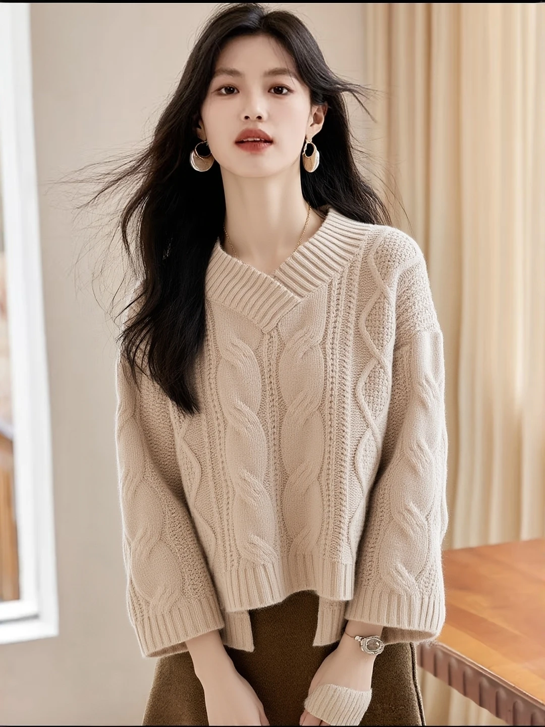 الخريف الشتاء سترة المرأة فضفاضة V-Ne عارضة تخفيف أعلى طويلة ort الجبهة با تصميم مريح محبوك