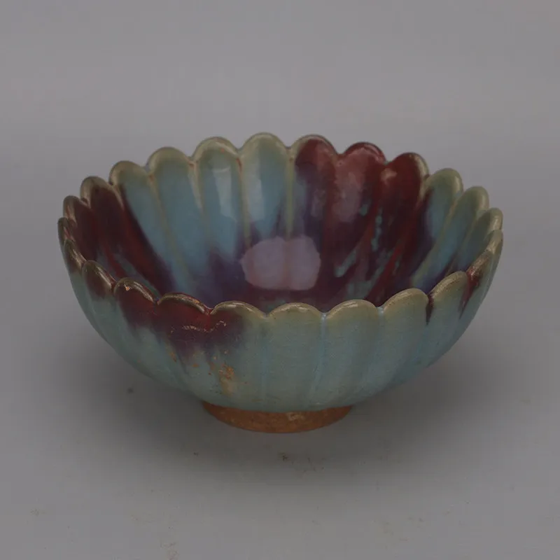 Pure Handmade Chinese Song Jun Ware Blue Glaze Splash Color Lotus Bowl Floral Rim Porcelain Vintage Home Decor Gift