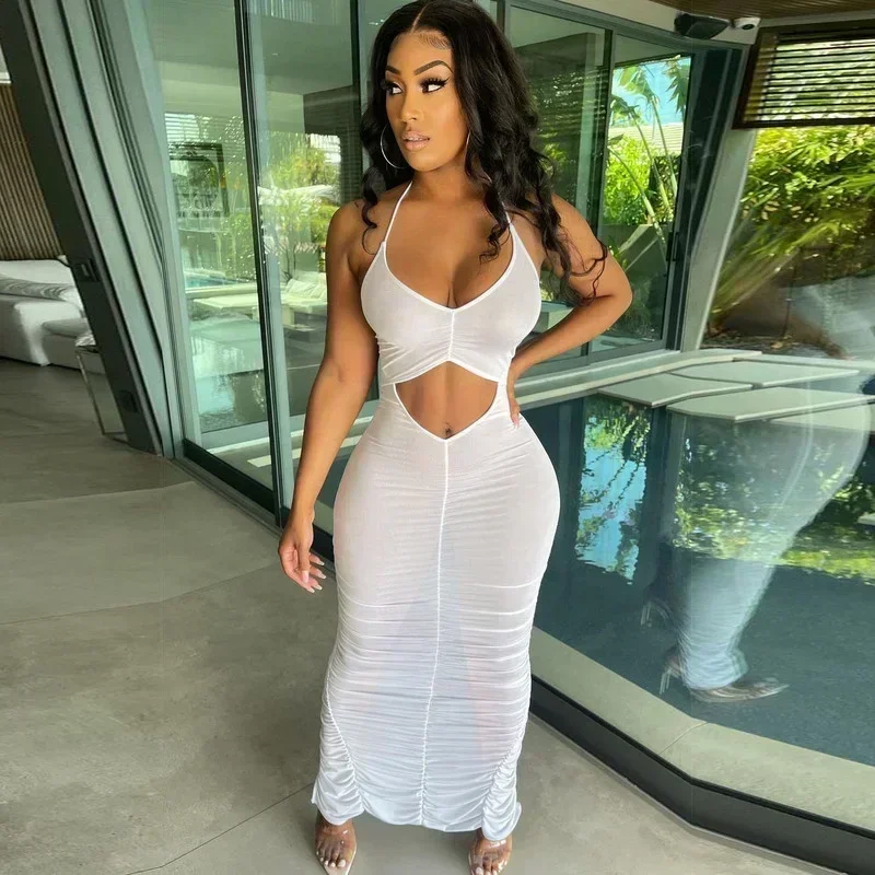 GUWU Uitgesneden Spaghetti Band Effen Kleur Zien Door Mesh Feestjurken Hol Sexy Club Vrouwen Lange Jurk