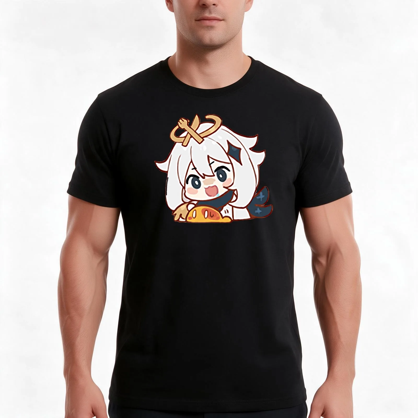 Paimon Food T-Shirt, Summer Casual Cotton Tee, Oversized Streetwear Tops, Vintage Graphic Print, Loose Fit Short Sleeve