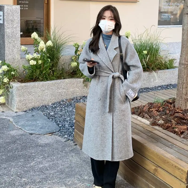 

Women's Gray Mid-calf Commuting Style Jacket Female Warm Coat Long Sleeve Cropped Overcoat 2000s Vintage Outerwear