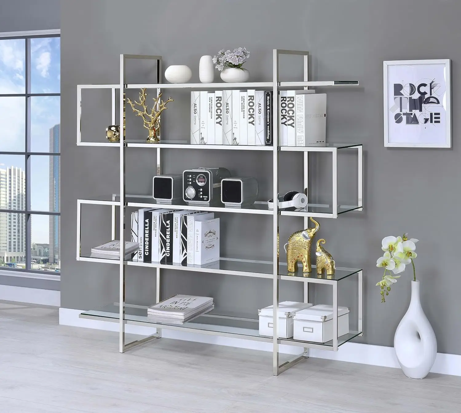 Metal & Glass 5-Shelf Bookshelf Staggered Open Design Contemporary Living Room Office 63 Inch Clear Chrome, Customized