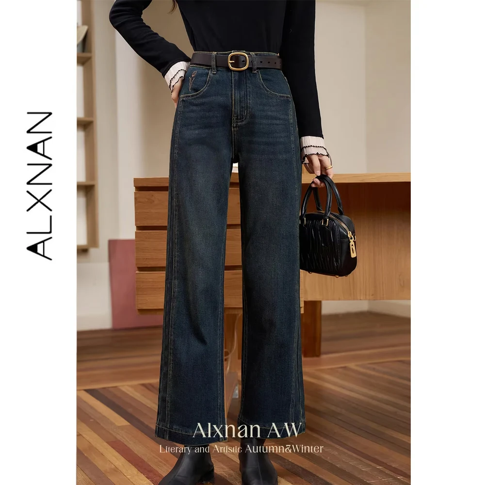ALXNAN Dark Blue Straight Jeans Women 2026 Autumn Vintage Wide Leg Cropped Pants Fashion Elegant Denim Baggy Pants L50218-1