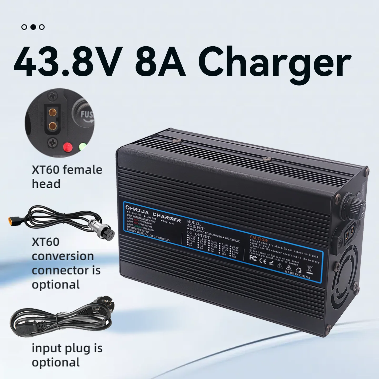 43.8V 8A LiFePO4 charger quick aluminum shell suitable 12S 38.4V & Interchangeable Connector Fast stabilization with cooling fan
