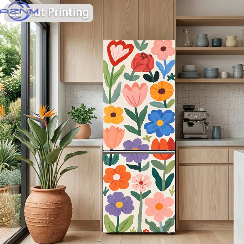 Printing Refrigerator Sticker , Colorful Hand-Painted Floral Cluster Themed Design, Self-Adhesive Wall Decal Wallpaper, Suitab