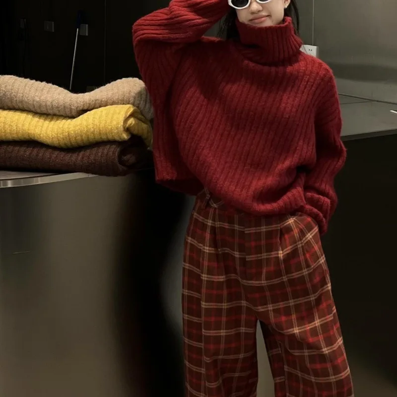 2025 Autumn and Winter Retro Fashion New Style Thick High Neck Warm Wool Pullover Sweater Loose and Versatile Casual Sweater