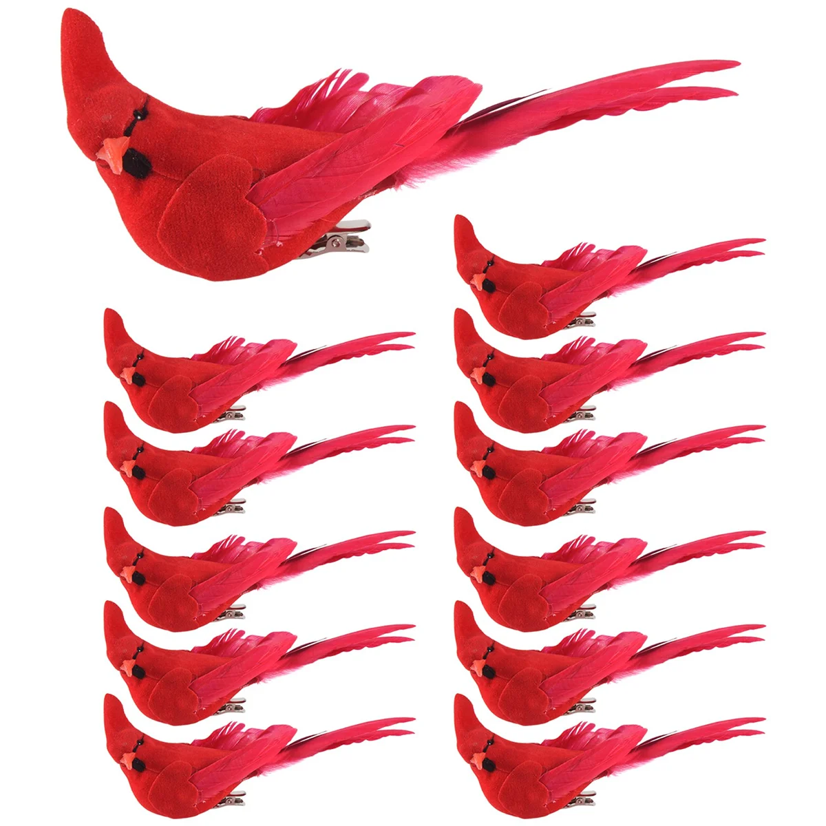 12Pcs Clip-on Artificial Red Cardinals Christmas Ornaments Feathered Bird Xmas