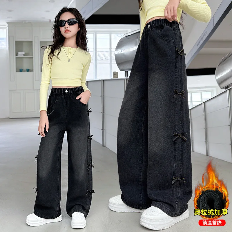 Elegant Children's Winter Loose Straight Thermal Jeans with Side Bow for Tweens Girl Fleece Lined Denim Pants Kids Trousers