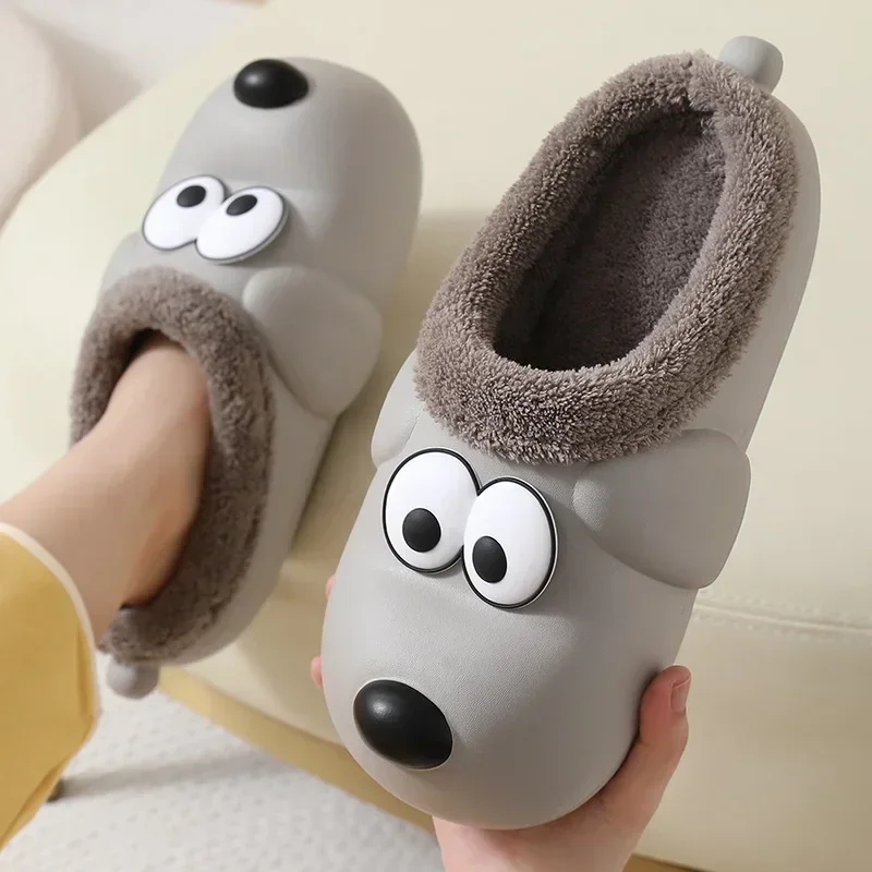 Winter Warm Home Slippers Women Cartoon Dog Waterproof Slippers Men Indoor Cotton Shoes Non-Slips Soft EVA Slippers Couples Shoe