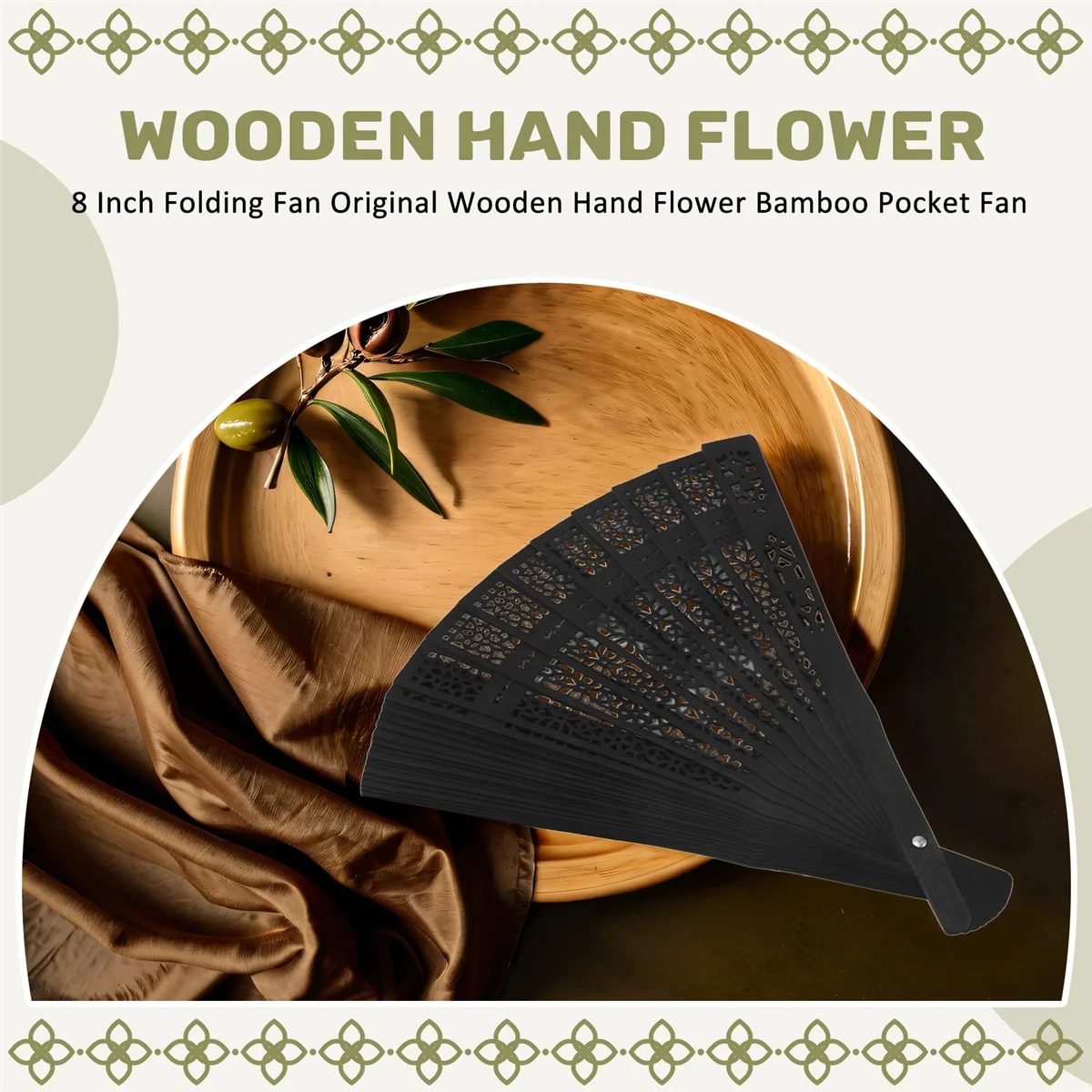 Qualitative 8 Inch Chinese Japanese Folding Fan Original Wooden Hand Flower Bamboo Pocket Fan For Home Decor Party Decoration-Bl