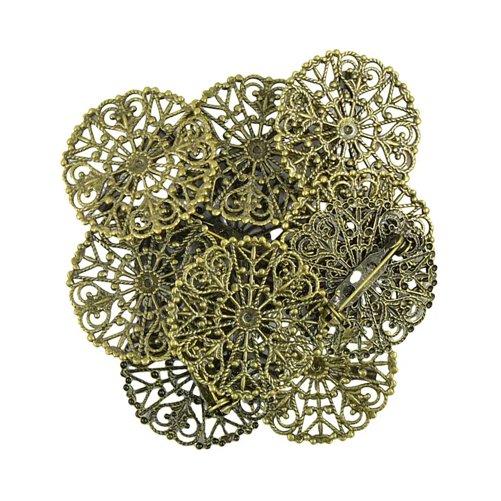 10 Pieces Filigree Empty Brooch Base Round Pins Back Brooches