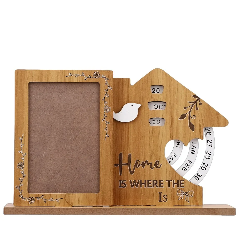 Wooden Perpetual Calendar Frame Insertable Photo Slot Ferris Wheel Design Eternal Calendar Photo Frame Rotating Display