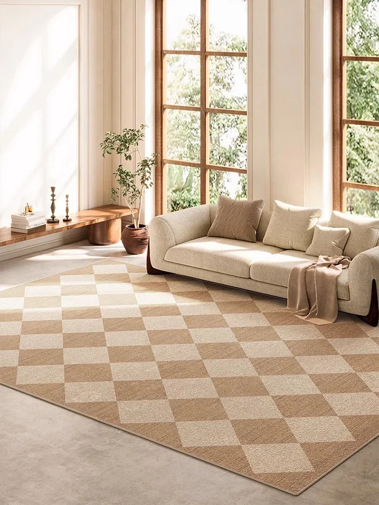 Wabi-sabi Style Living Room Carpet Beige Checkered Decorative Carpets Non-Slip Easy Care Bedroom Rug Light Luxury High-End Rugs