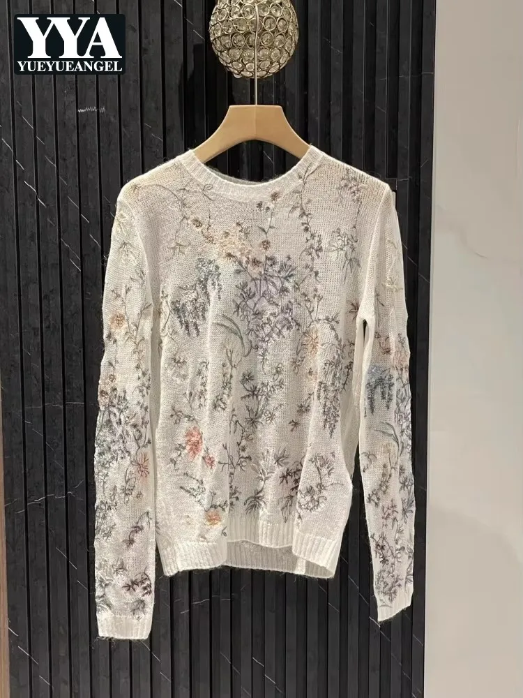 

Fashion Designer Women Floral Embroidery Pullover Sweater Tops Elegant Ladies Long Sleeve O Neck Woolen Holiday Knitted Jumpers