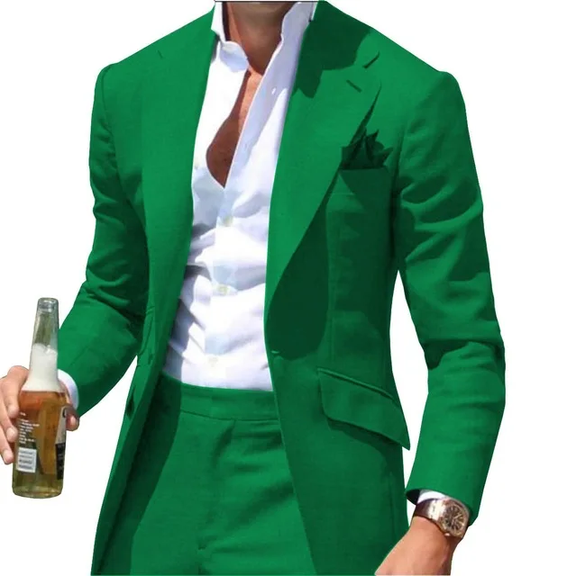 Colar de pico ternos masculinos ajuste fino entalhado verde dos homens terno blazers jaquetas calças 2 peça formal causal negócios casamento noivo