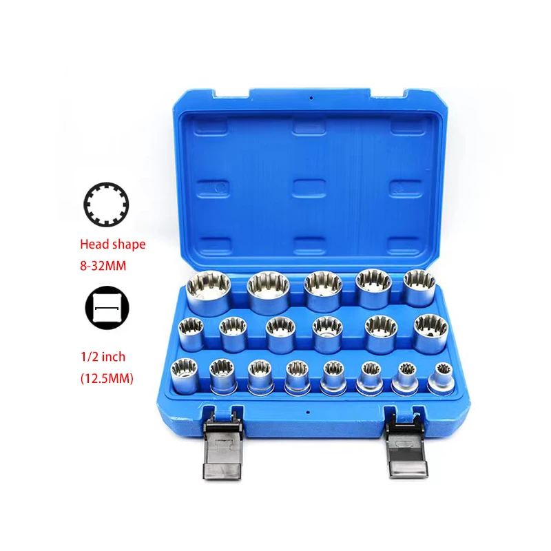 19Pcs 12 Point Torx Socket Wrench Set Lock Socket Crv Hex Torx Splined Bit Socket Set Hex Socket Repair Tool Kit M8-M32