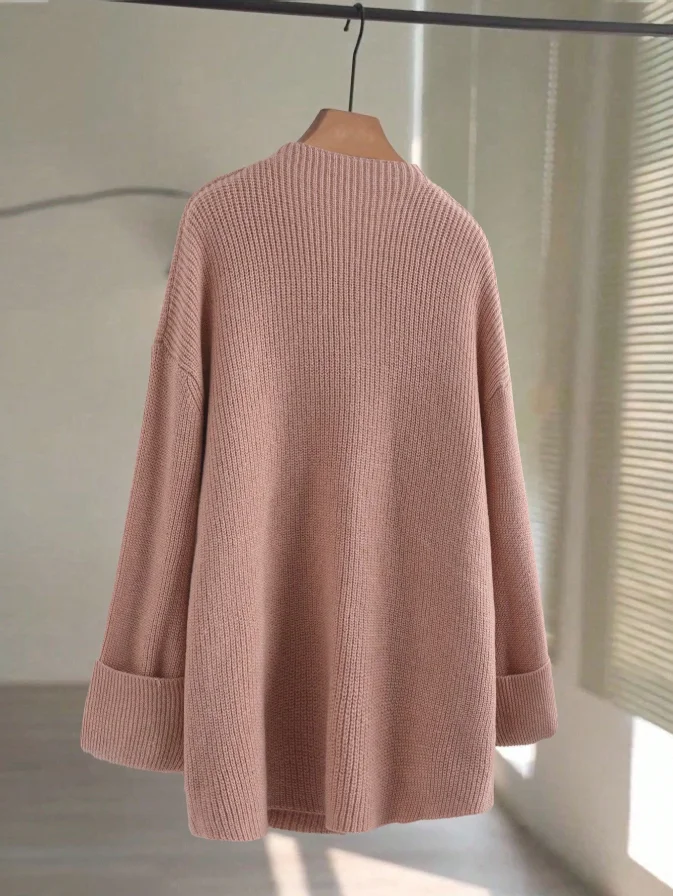 Lazy Style Round Neck Knitted Cardigan for Women, Loose Fit with Dropped Shoulders and Rolled Sleeves, Thick Sweater Coat