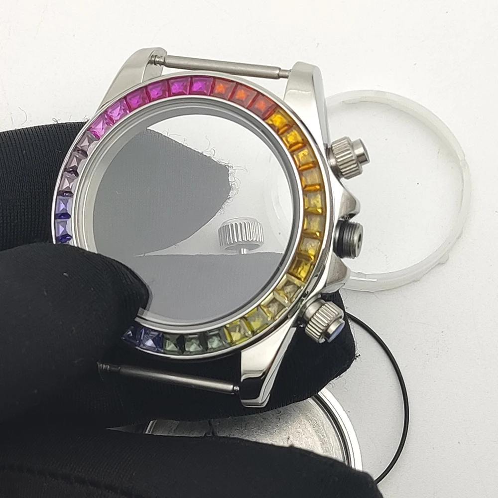 Caja de reloj VK63 para hombre, accesorios de reloj, cronógrafo de 3 ojos, caja de cuarzo multifunción, bisel de diamante colorido