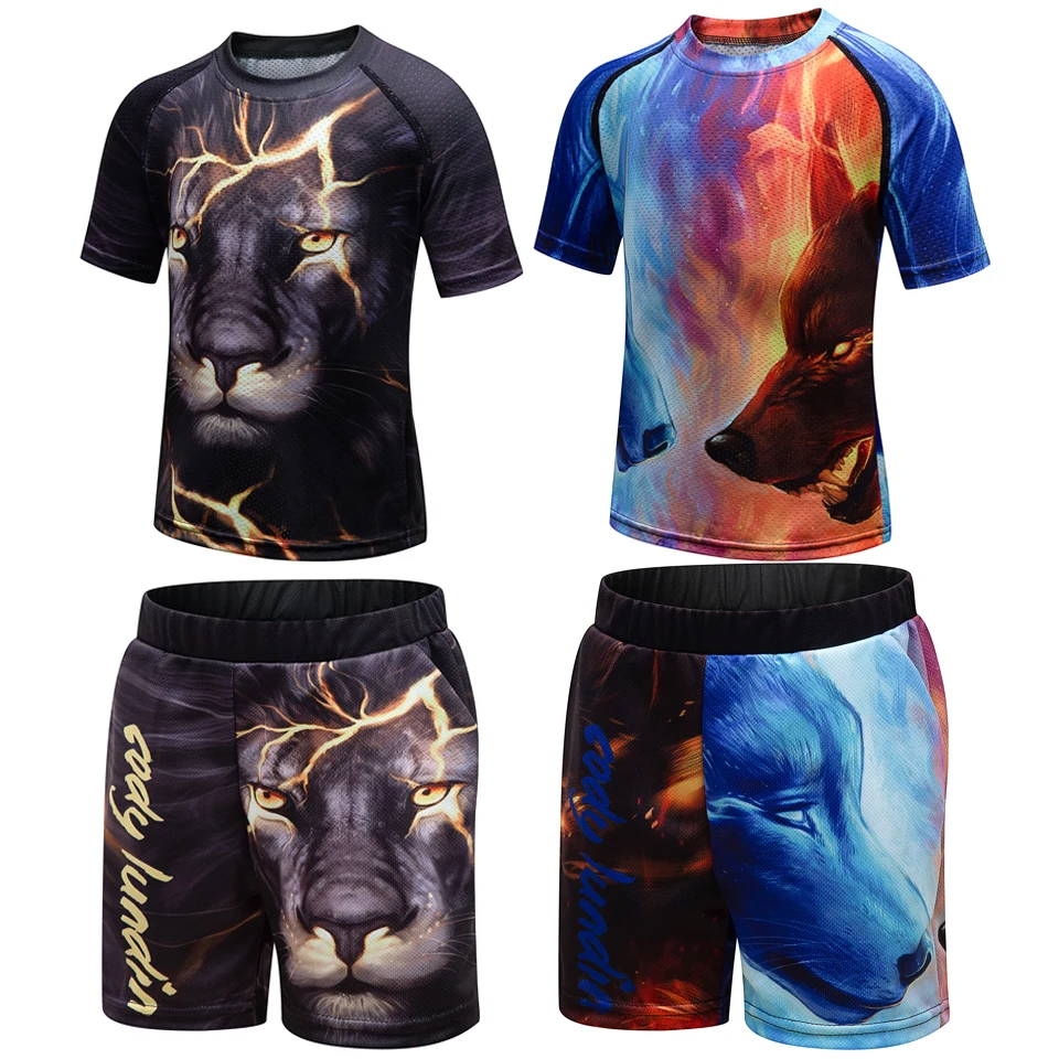 Jiu Jusit Rashguard MMA T-shirt + Muay Thai Shorts Set Kid Bjj Boxing Rash Guard Clothing Boy Children MMA Compression Sportsuit