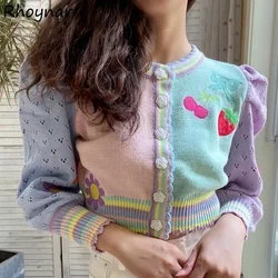 Cardigan Women Autumn New Cherry-Embroidery Patchwork Knitted Sweet Sweater Cropped 90's Sexy Design Tender All-match Aesthetic