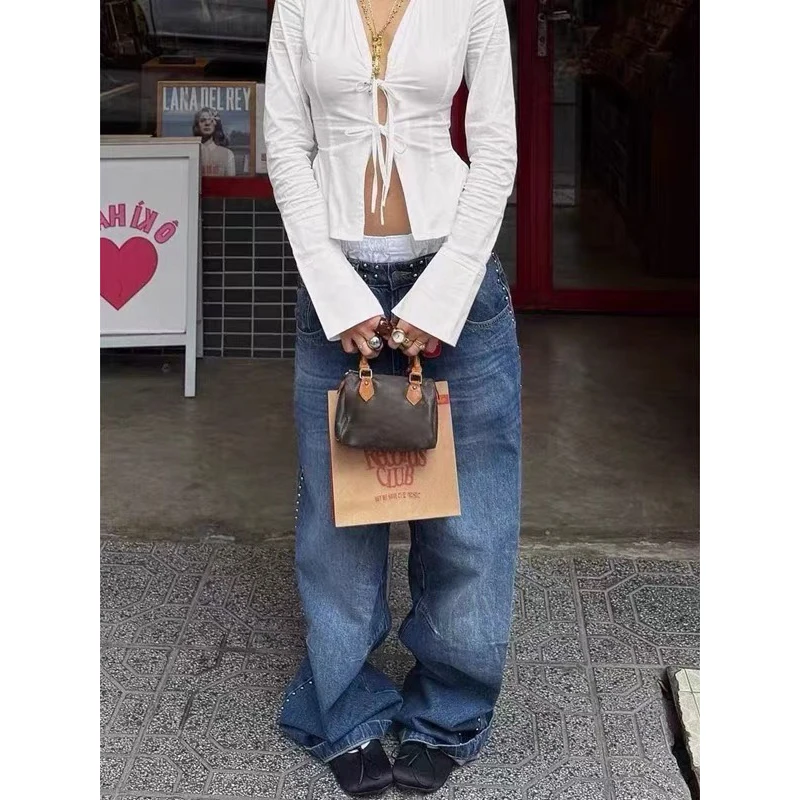 ZHIZOU Women Blue Gothic Y2k Rivet Jeans Harajuku Vintage Hip Hop Denim Trousers Aesthetic 2000s Oversize Boyfriend Jeans Pants