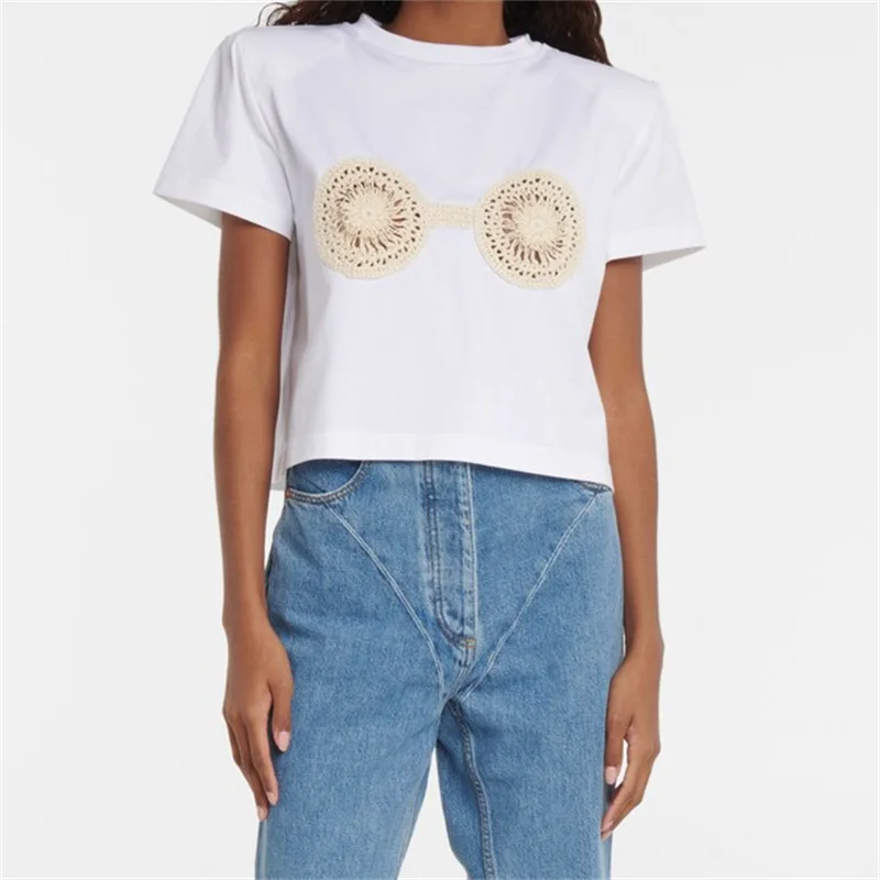 

Women's t-shirt New elastic knitted slim fit short sleeved top for summer 2025 Embroidered hollowed out pure cotton pullover y2k