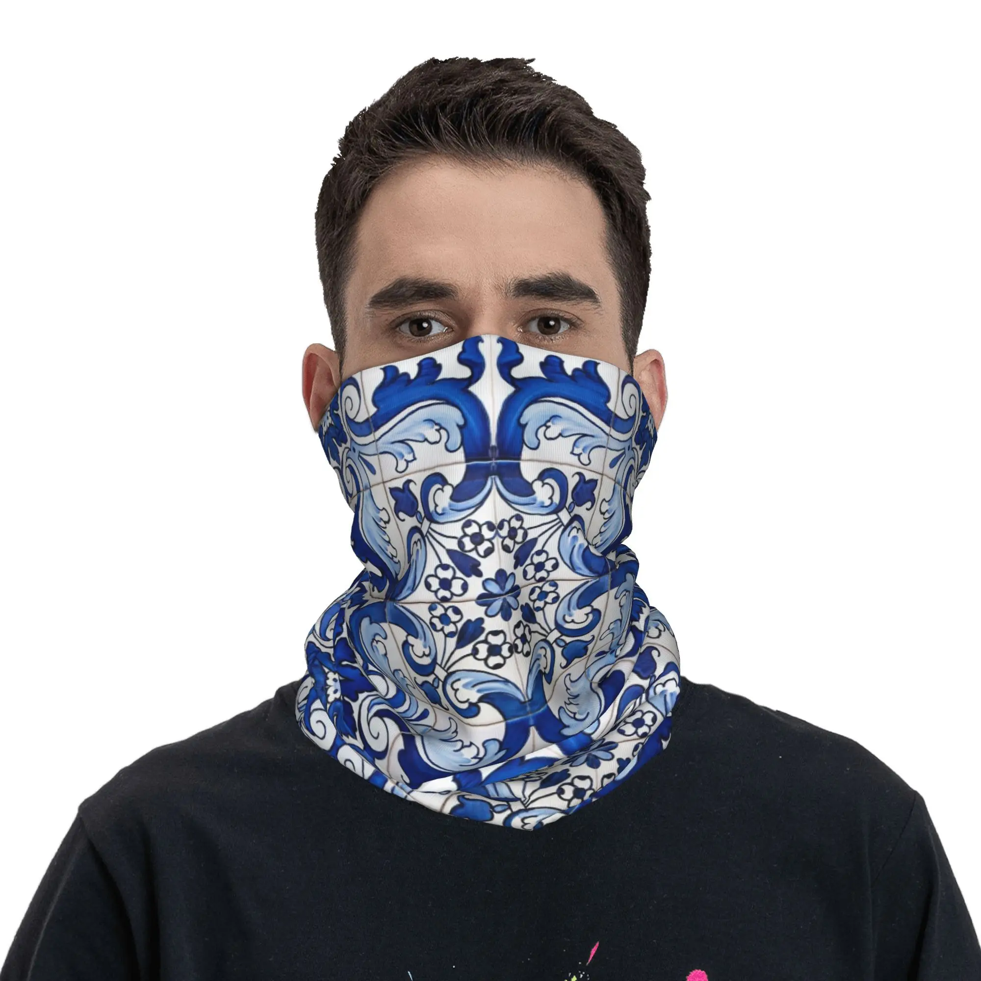 Antigo clássico lisboa azulejo telha floral bandana pescoço gaiter impresso máscara cachecol multi-uso balaclava correndo unisex