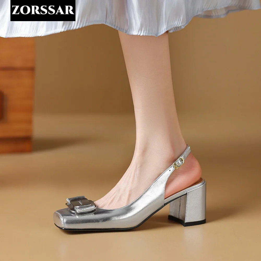 2024 Women Summer Genuine Leather Slingback Pumps Office Lady Square Heels Sandals Elegant Square Toe Female Sexy High Heels