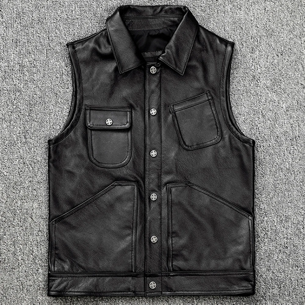 New Arrivals Cowhide Men Vest Coat Genuine Leather Waistcoat For Man European Brand Dress Suit Vest Weskit Muti Pocket Tank Tops