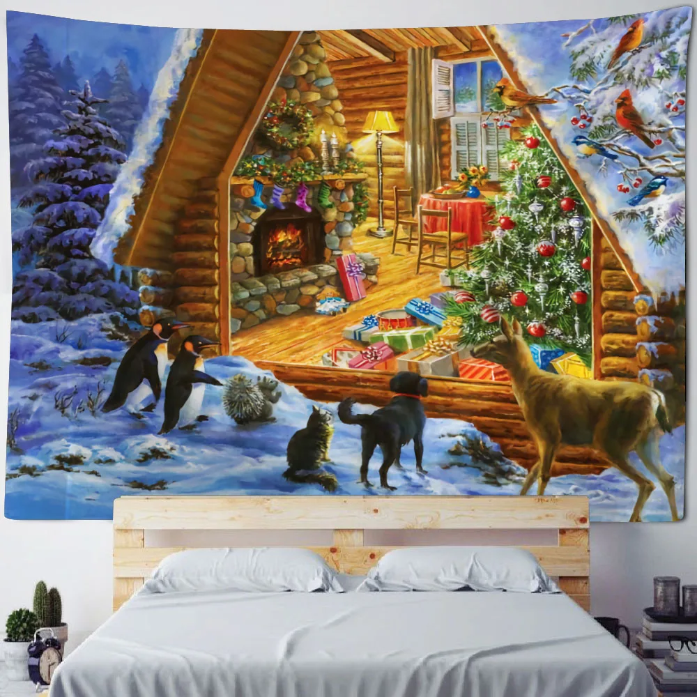 Christmas tapestry wall hanging New Year gift Christmas tree snow view holiday home decoration Living room bedroom decoration