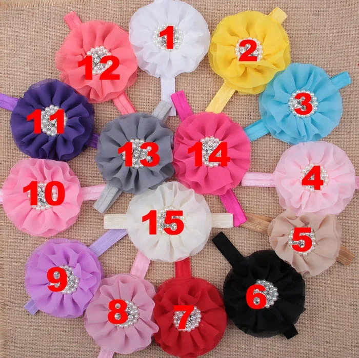 1PCS 15 Colors Children Kids Girls Pearl Diamond Chiffon Flower Headband Headwear Baby Hair Band Head Piece Accessories Gifts