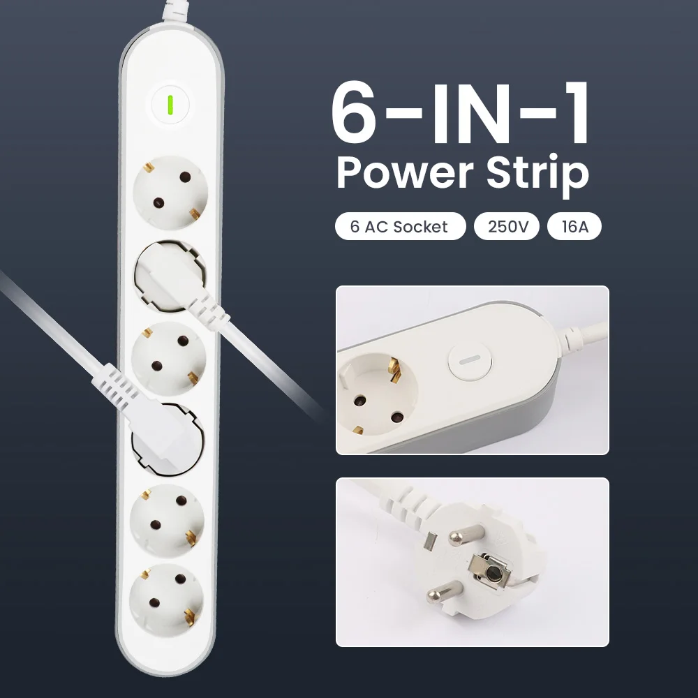 Cilia 1.5m Cable Surge Protection  Extension Socket, Wall plug power strip 6 EU Schuko,250V,16A 3680W White Tenuous For Home 1pc