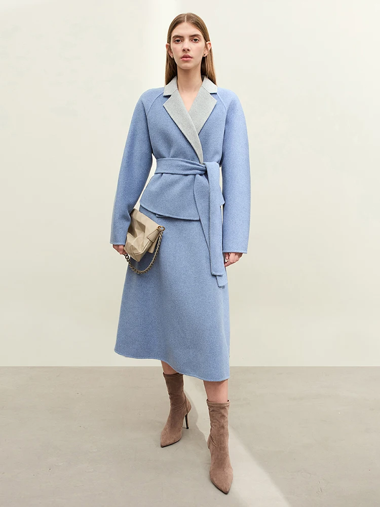 AMII Skirt For Women 2025 Winter New Lapel Collar Raglan Sleeve Wool With Belt Coat Solid Mid-Calf Lady Skirt Separate 12344111