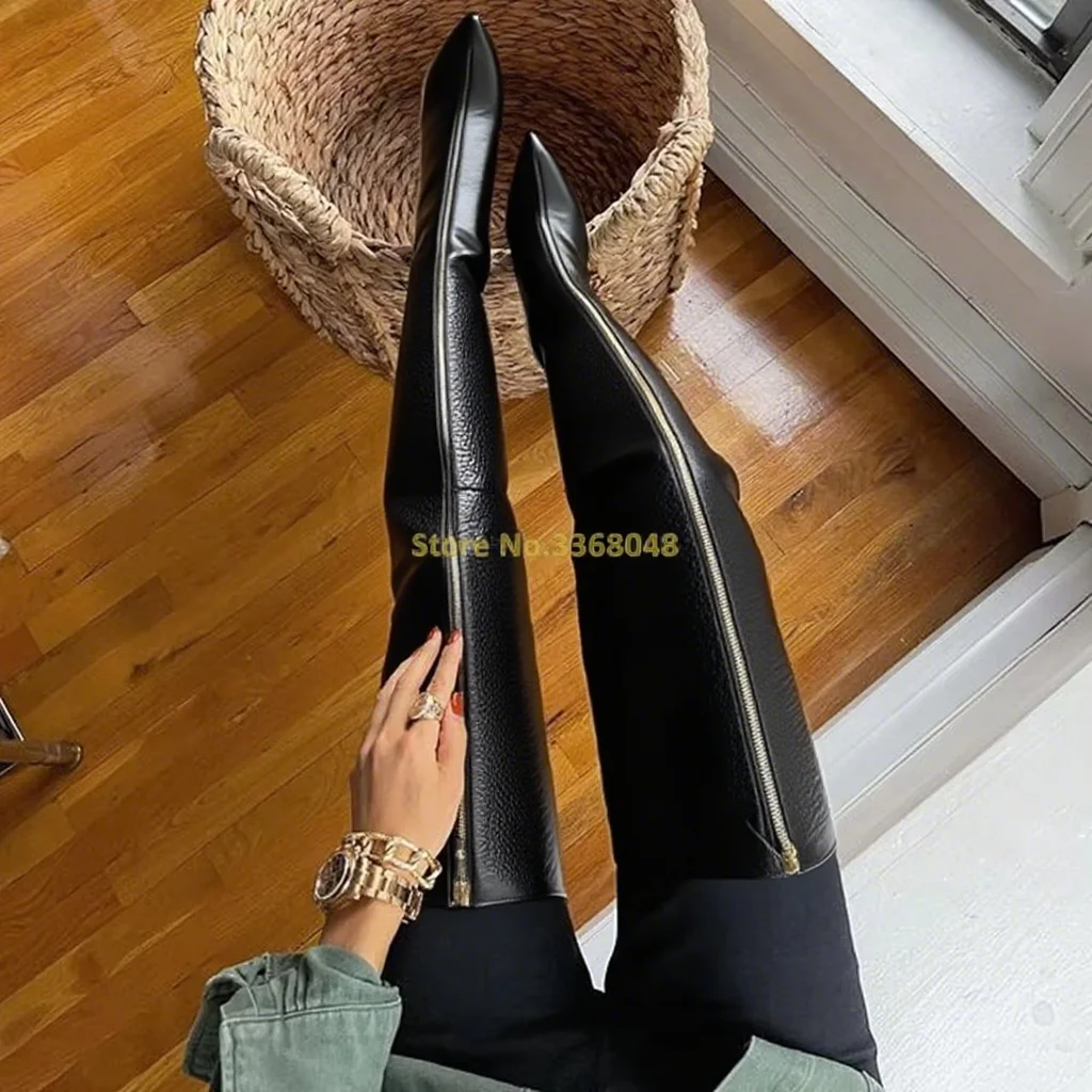 Zipper Thigh High Boots Stiletto High Heel Sexy Pointed Toe Black Grey Over The Knee Lychee Pattern Fashion Women Boots