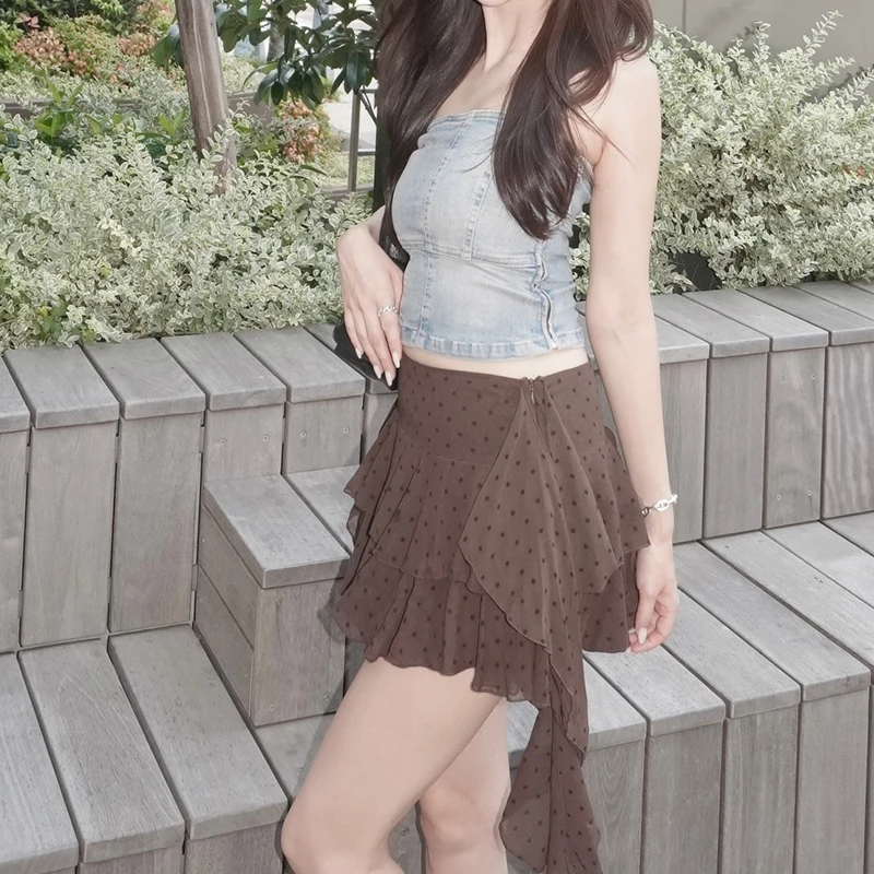 HXAO 水玉ミニスカートショーツ フリルレイヤードスカートパンツ 女性用 フェアリーフリル ベージュ レディーススカート プリーツ ブラウン シフォンスカート