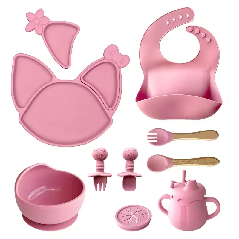 Oem/Odm Bpa Free Food Grade Toddlers Eating Utensils Weaning Products Supplies Silicone Baby Feeding Set With Bowl Bib And Plate