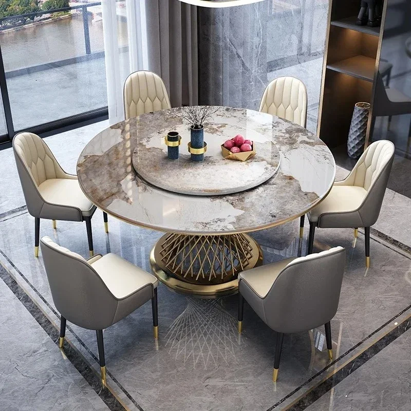 

Light luxury marble dining table and chair combination household rock slab round table with turntable round dining table
