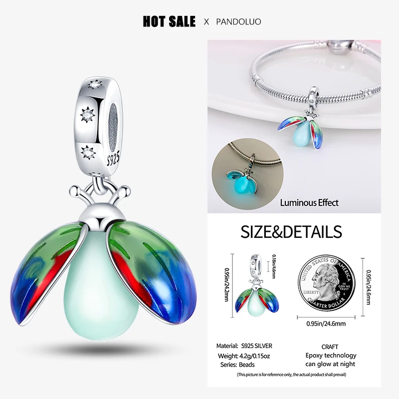 

2024 Hot Sale Colorful Luminous Seven Color Ladybug Charm Bead Fit Pandora Bracelet Women Silver Pendant Beads Fine Jewelry Gift