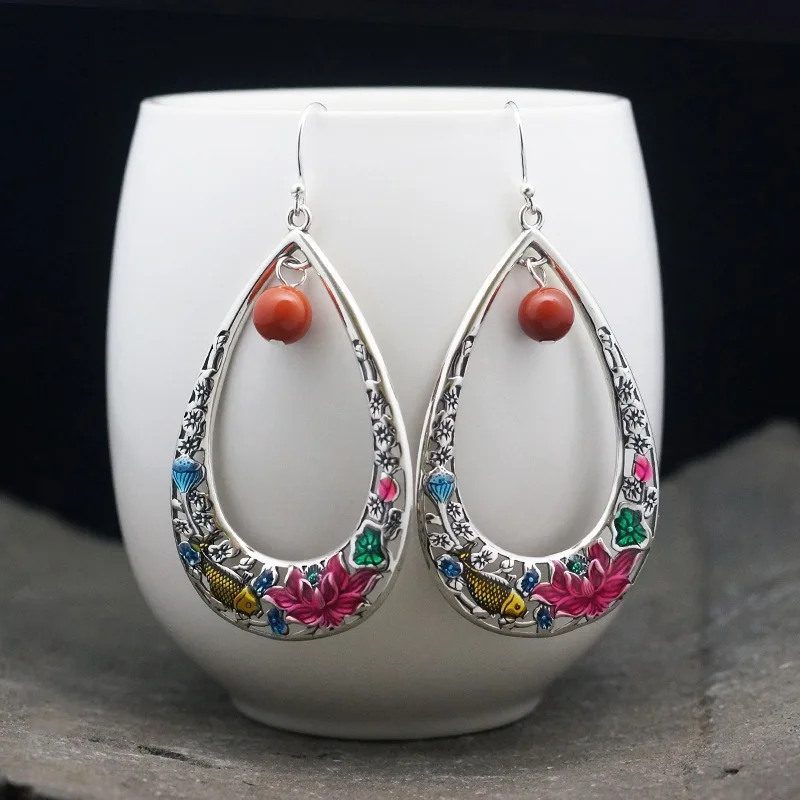 

925 Silver Enamel Water Drop Carp Fish Lotus Flower Leaf Earrings for Women Vintage Ethnic Style Elegant Flower Earings Jewelry