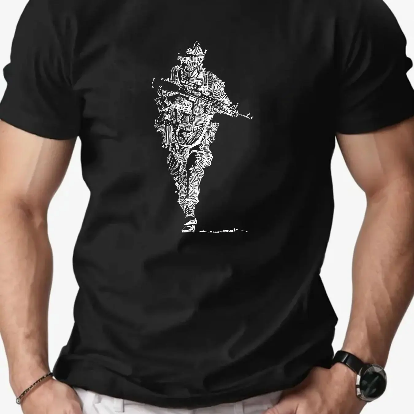 Men Navy Blue Military T-Shirt - Soldier Graphic Tee with Armed Figure Design Lightweight Breathable Fabric for Army