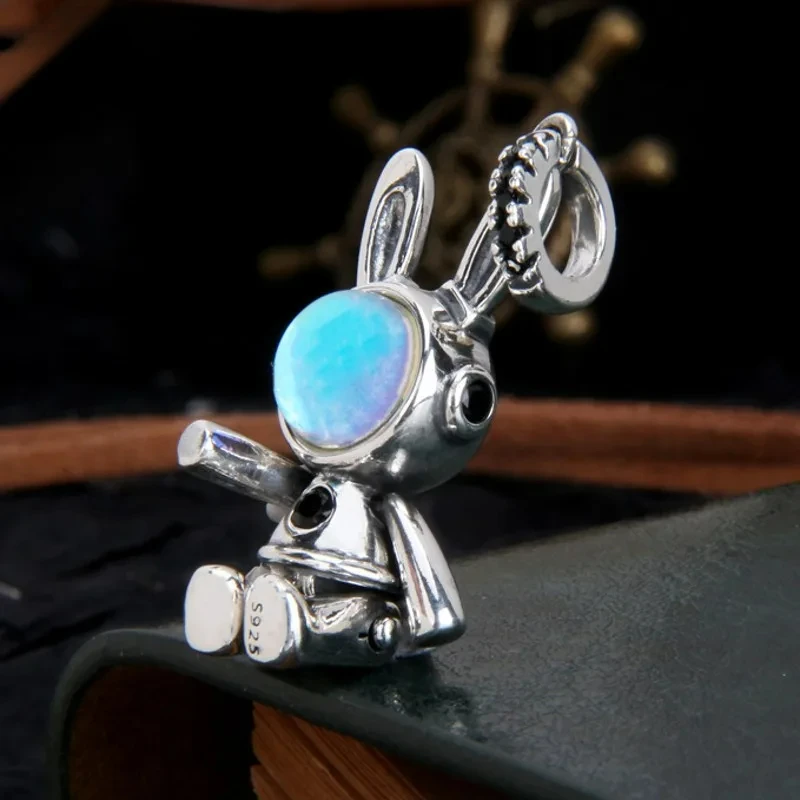 New Trendy 100% S925 Sterling Silver Moonstone Bunny Astronaut Fashion Men And Women Pendant