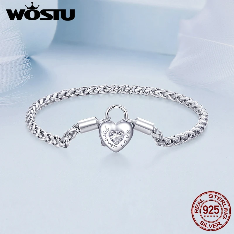 WOSTU Original 925 Sterling Silver Heart Lock Basic Bracelet Snake Chopin Chain for Women DIY Jewelry Fit Beads Romantic Gift