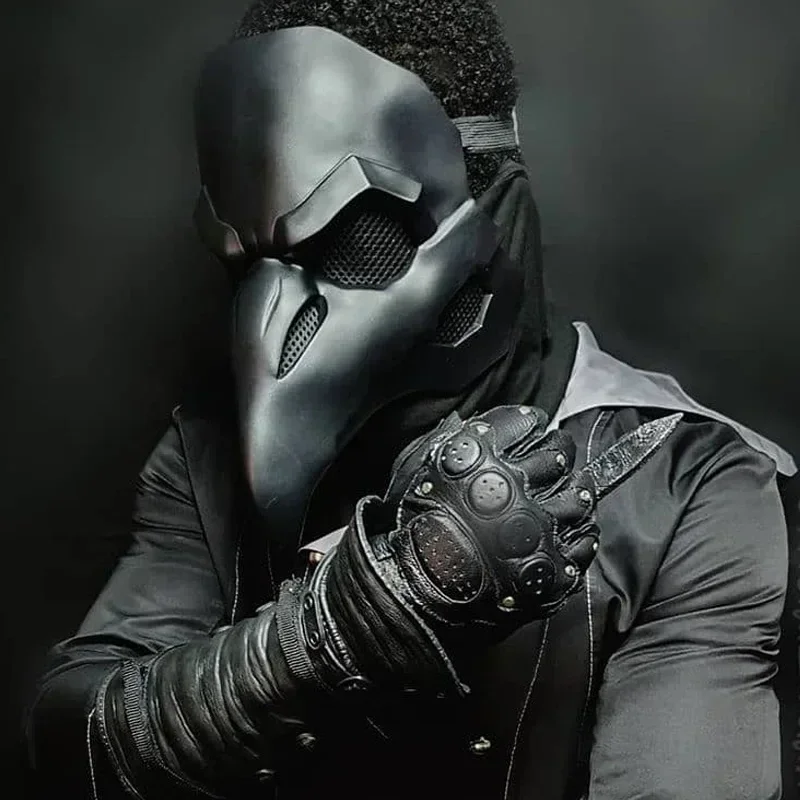 Crow Punk Mask Plague Doctor Cosplay Costume Black Skin for Overwatch Birds Masks Long Nose LED Eyes Retro Rock Reaper Nevermore