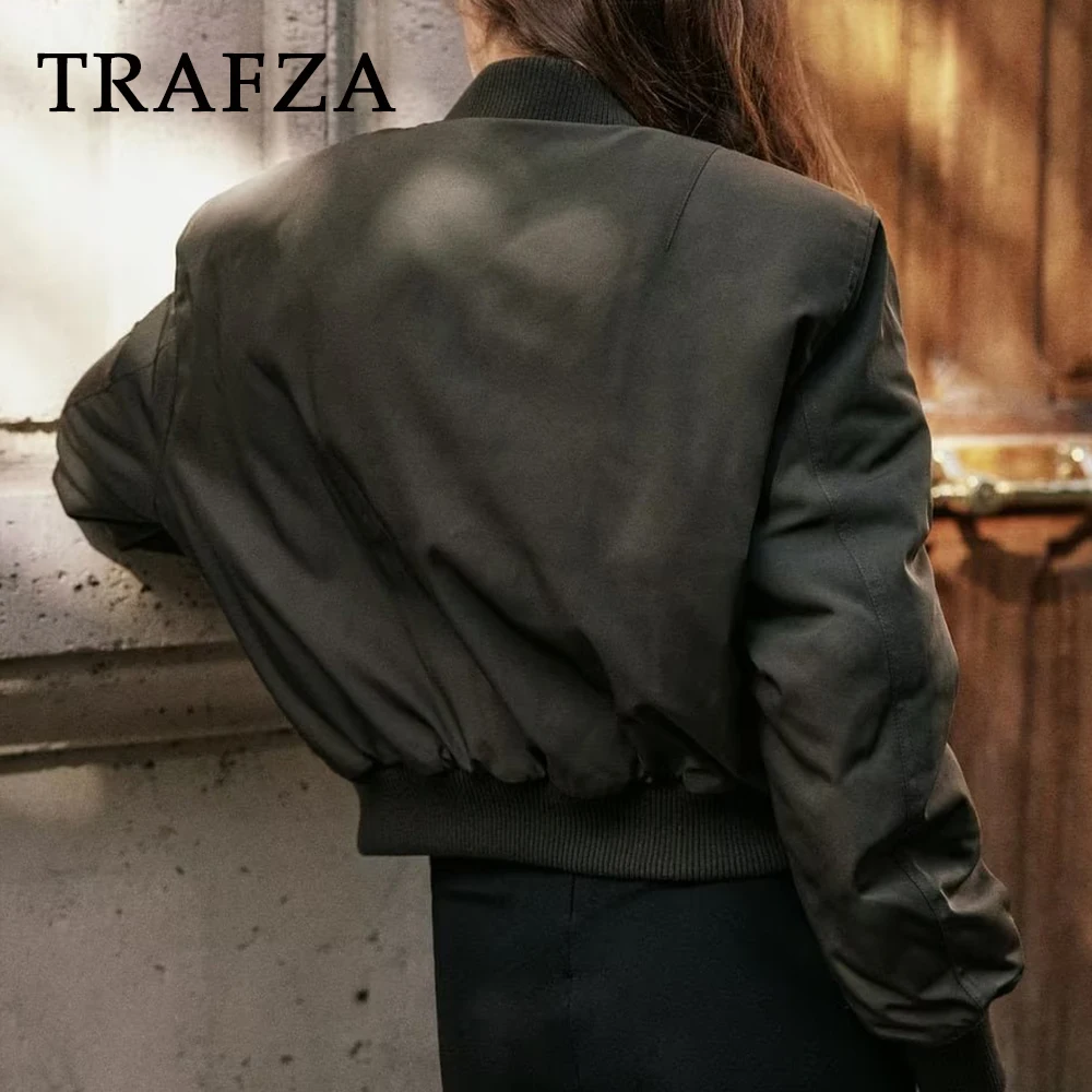 TRAFZA 2024 Autumn Winter Women Casual Pilot Coats Zipper Solid Cotton Jackets Pockets Loose Fit Warm Thick Female Outwears