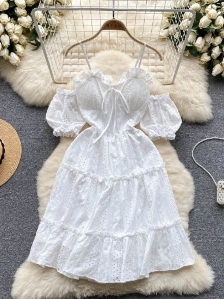 

Sweet Tie Front Mini White Dress Summer Women Sexy Puff Sleeves Jacquard Hollowed Out Slim Off Shoulder Strap Short Dress