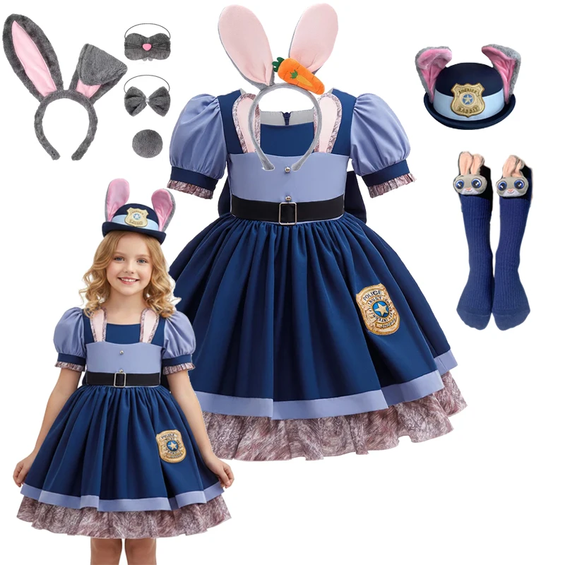 

2026 New Moives Bunny Judy Girl Back Bow Dress Costume Halloween Cosplay Dress Birthday Gift Carnival Party Kids 2-10Y Outfit