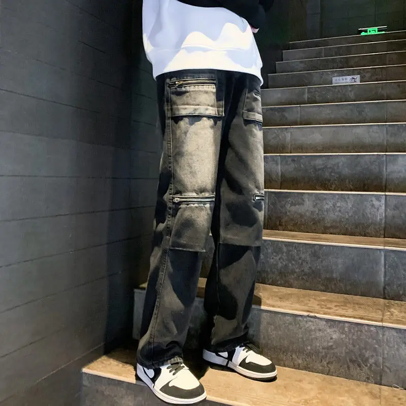 American Vibe Pants Trendy High Street Zipper Pocket Work Clothes Jeans Men'S High-End Slim Straight Leg Pants