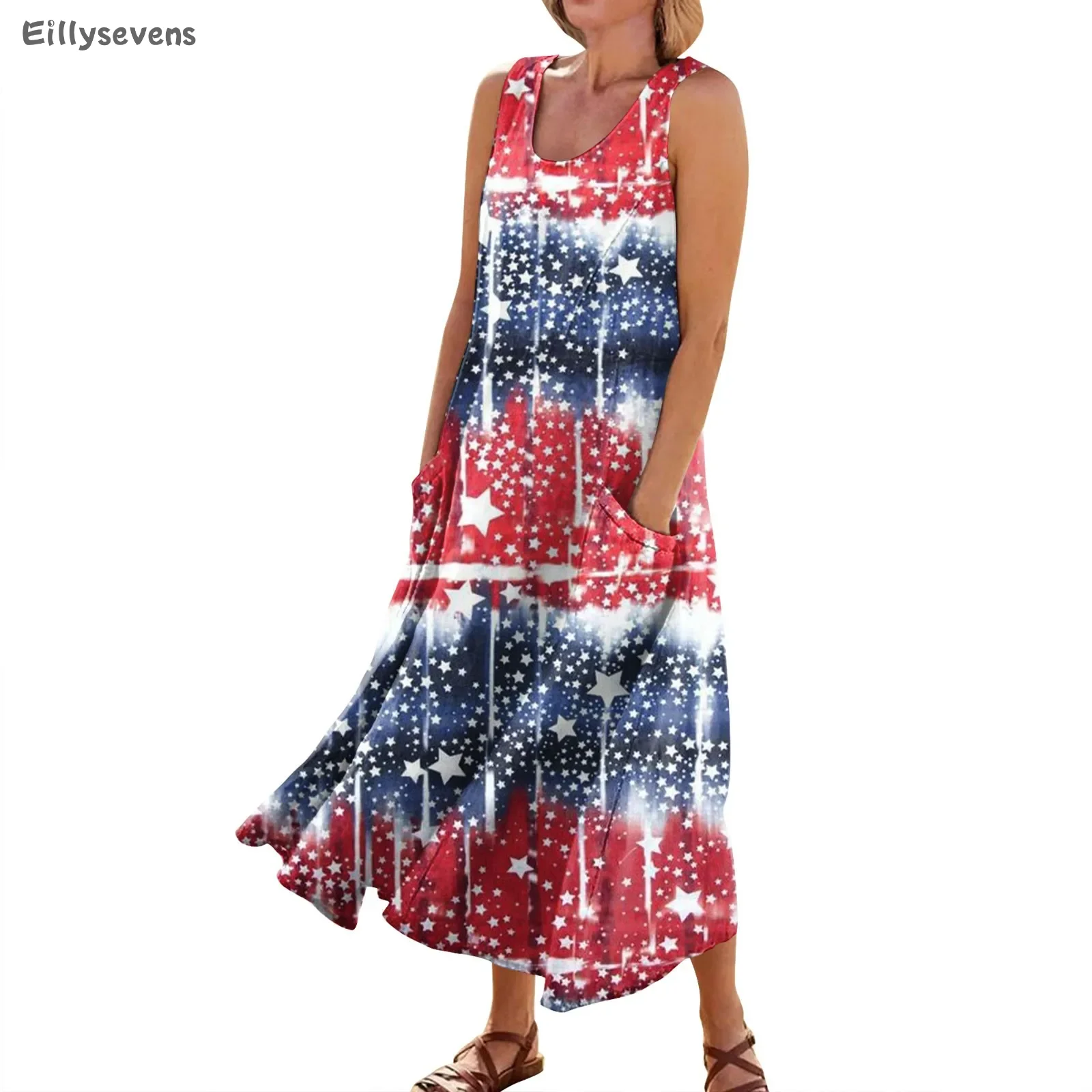 Women's dresses Summer Loose dress Casual Fashion Independence Day Printed Sleeveless Round Neck dress Pocket vestidos de fiesta